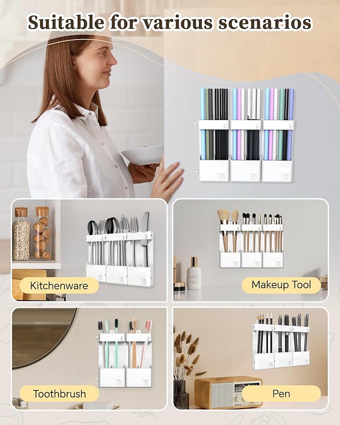 Magnetic Straw Holder for Cabinet Door, Silicone Straw Organizer,Straws Storage Container with Double Sided Adhesive,Reusable Straw Dispenser for Kitchen Fridge Cupboard (White)