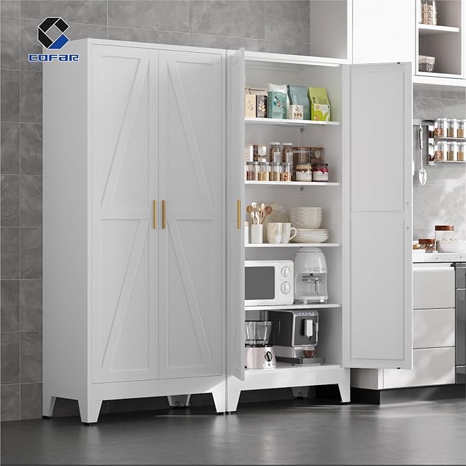 COFaR 71 in Tall Metal Storage Cabinet, Metal Cabinet with 4 Adjustable Shelves and Barn Doors, Farmhouse Cupboard Storage for Kitchen Pantry Garage Laundry, White 5-Tier