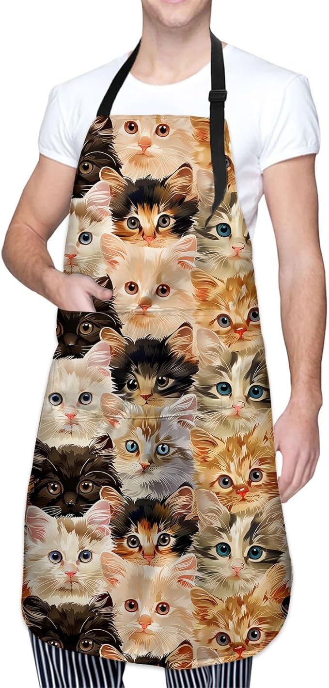 Adorable Kitten Apron, Kitchen Cooking Baking Adjustable Polyester Cute Cat Face Aprons for Women Men, with 2 Pockets, 28×33in, Ideal Gifts for Wife, for Chef Gardening Grilling Cleaning