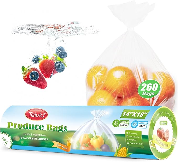 Teivio 260 Count 14" x 18" Plastic Produce Bags on A Roll, Clear Kitchen Disposable Plastic Storage Bags for Bread Fruit Vegetable