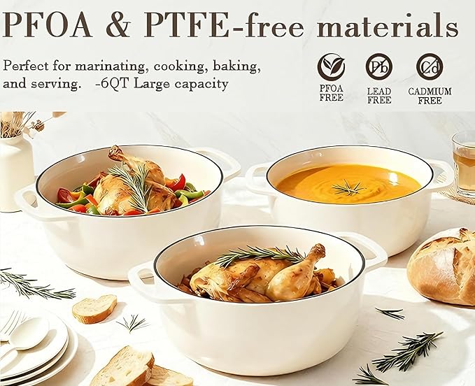 Umite Chef 6QT Enameled Cast Iron Dutch Oven with Lid, Versatile Heavy-Duty Cookware Pot for Baking Bread, Braising, Soups & Stews, Oven & Stovetop Safe with Heat Resistant Gloves（Cream White）