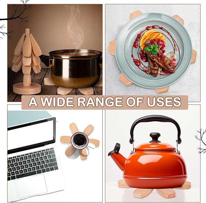 Wooden Christmas Tree Coaster Trivets Wood Trivets Set for Hot Dishes Set of 4 Christmas Tree Shape Foldable Wooden Coaster and 1 Stand Natural Trivet for Cups Plates Bowls Pots(Beech Color)