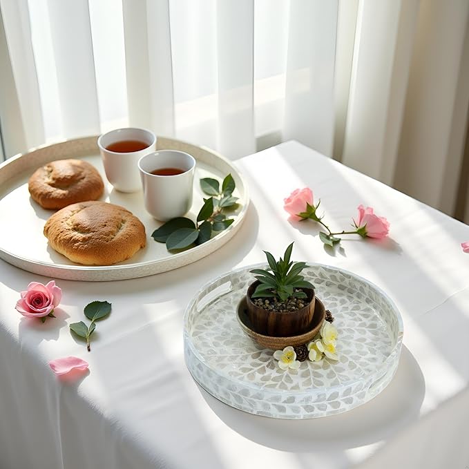 CLAYNIX Serving Tray 12.5 Inch, Lacquer Mother of Pearl Inlay Mosaic Tray, Round Wooden Marble Tray with Handles Trays for Tea, Breakfast (White)