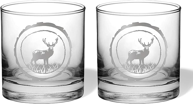 Duck Hunting Gifts for Hunters and Outdoorsman Mallard Whiskey Glass with Coaster Rustic Décor for Mountain Cabin Lake House Beer Pint Glass Fishing Fisherman Dad (Deer, Double Whiskey Glass)