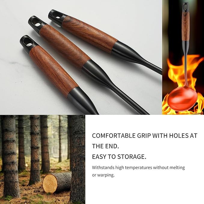 Stainless Steel Kitchen Utensils Set with Wood Handle, 18/10 Metal Cooking Utensils Set, 10 Piece - Spatula, Spoon, Ladle, Skimmer, Slotted Turners, Pasta,Turner, Ladl, Fork