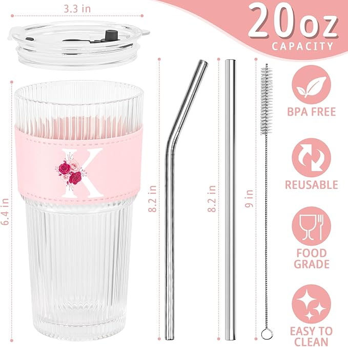 Personalized Gifts for Women,20oz Ribbed Glass Tumbler,Monogrammed Gifts for Women,Birthday Gift,Ice Coffee Mug,Christmas Gift for Mom Sister-K