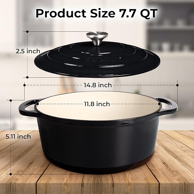 Zulay Kitchen 7.7 Quart Enameled Cast Iron Dutch Oven Pot with Lid – Premium Durability & Oven Safe up to 500°F – Heavy Duty Cookware Perfect for Bread Baking, Stews, Braising & Roasting – Black