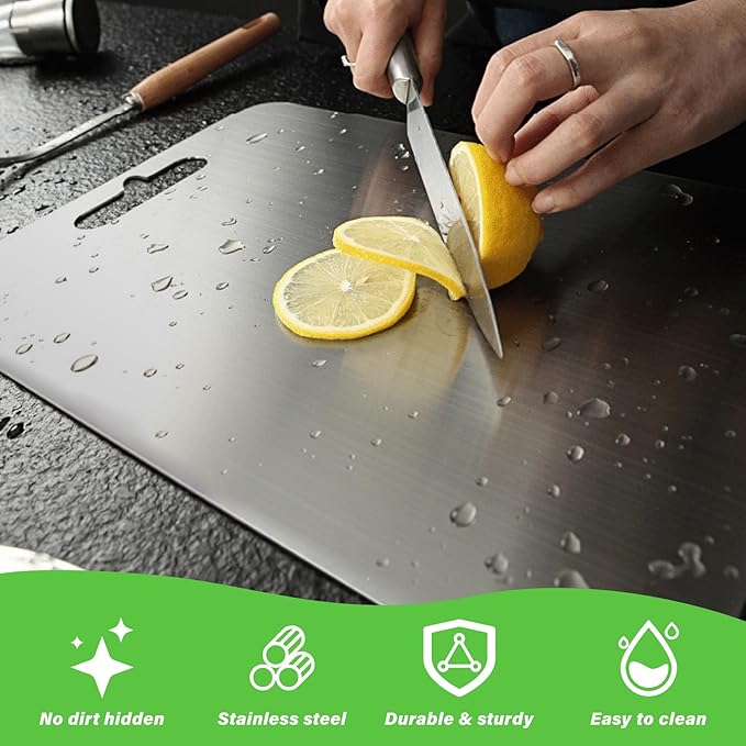 Stainless Steel Cutting Board, 3 PCS Double Sided Cutting Boards for Kitchen, SUS 316 Food-Grade Non Toxic Stainless Steel Chopping Board for Meat, Fruit and Vegetable