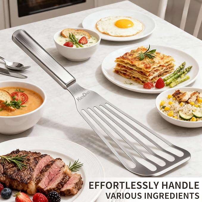 KSENDALO Thin Fish Spatula SUS304 Stainless Steel - One-Piece Flexible Slotted Egg Flipper, Angled Blade, Hollow Grip, Metal Turner for Fish/Eggs/Omelettes, All Cookware, Dishwasher Safe