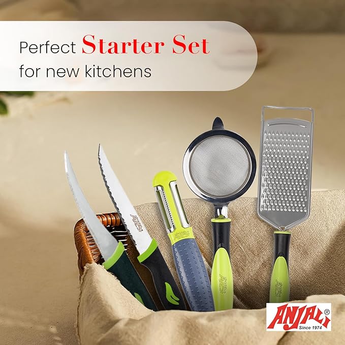 Anjali 8-Piece Olive Kitchen Tool Set – Stainless Steel Strainer, Cheese Grater, Pizza Cutter, Peeler, Potato Masher, 9.3" Veg Laser Knife, 7.9" Tomato Knife & Manual Hand Blender