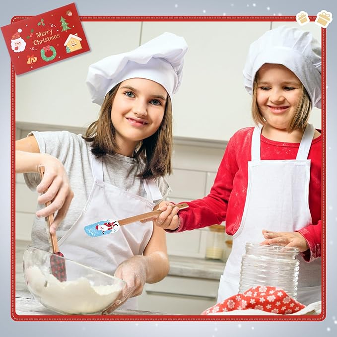 Nitial 10 Pieces Christmas Silicone Spatula Gift Set with Wooden Handle Santa Baking Kitchen Spatula with Christmas Cards for Women Cooking Housewarming (Retro Color)