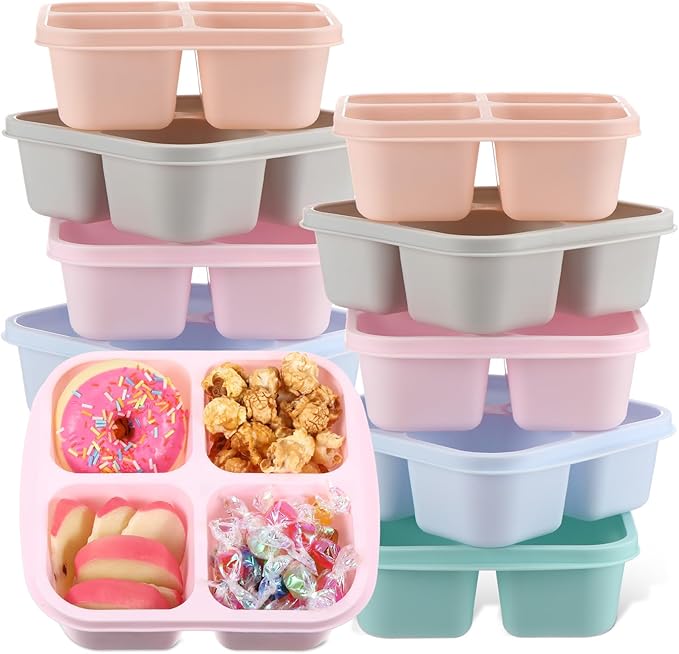 Honeydak 10 Pack Snack Container 4 Compartment Reusable Bento Snack Boxes Divided Lunchable Containers with Lids Meal Prep Lunch Food Storage Boxes for School Work Travel (Macaroon Color)