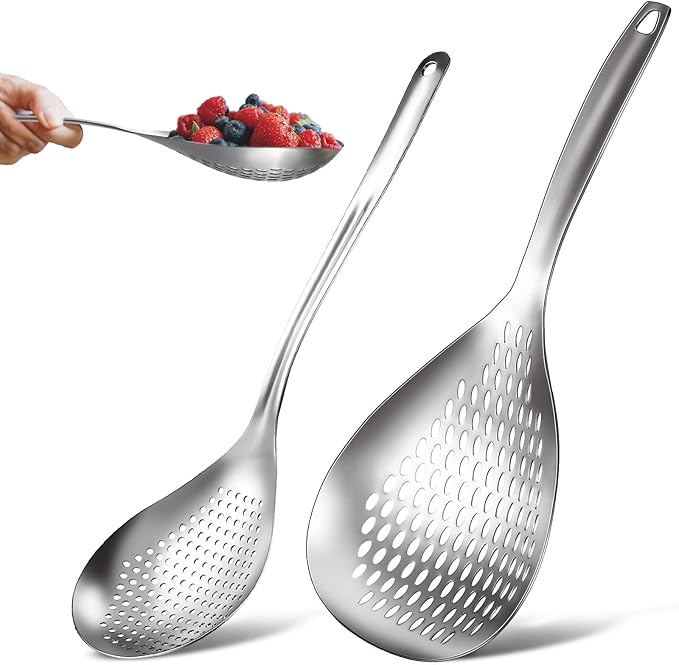 Bokon 2 Pieces Spider Strainer Skimmer Slotted Spoon Stainless Steel Skimmer Ladle Rustproof Frying Spoon Strainer Colander with Hanging Holes for Kitchen Cooking Draining and Frying