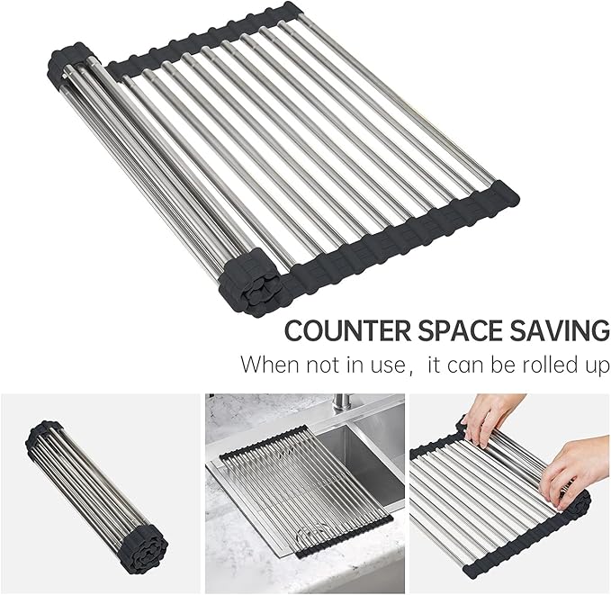 Expandable Large Roll Up Dish Drying Rack 18 Tube 21.25x12.79''Collapsible Over The Sink Rack Non-Slip Silicone Rolling Dish Drainer Stainless Steel Roll Rack for Kitchen Sink Counter