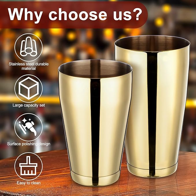 Zhehao 24 Pcs Gold Cocktail Shaker Professional Bar Boston Shaker Set Stainless Steel Martini Shake Drink Mixer Basic Tool Weighted Shake Metal Can Bartending Tins for Beginner, 18oz, 28oz