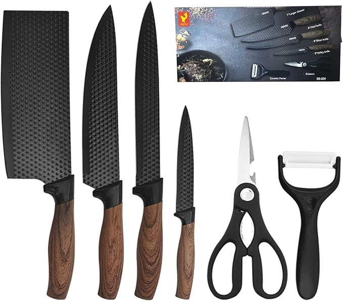 6pcs Stainless Steel Kitchen Knife Set, Rustproof Sharp Chef Knife for Cooking Restauran, Imitation wood grain