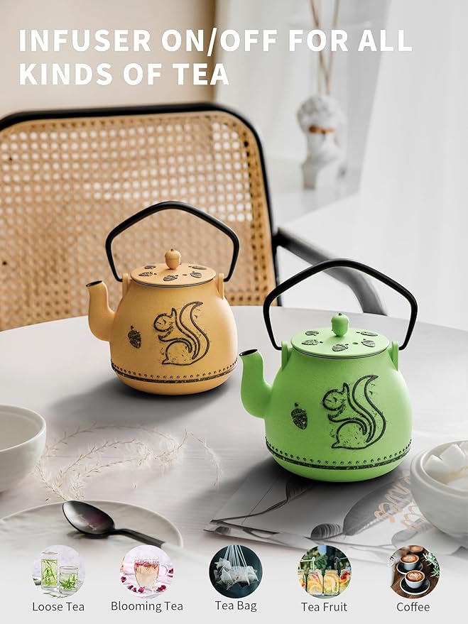 Toptier Teapot with Removable Infuser, Cast Iron Tea Kettle Stovetop Safe, Squirrel Design Tea Pot Coated with Enameled Interior for 32 Ounce (950 ml), Orange