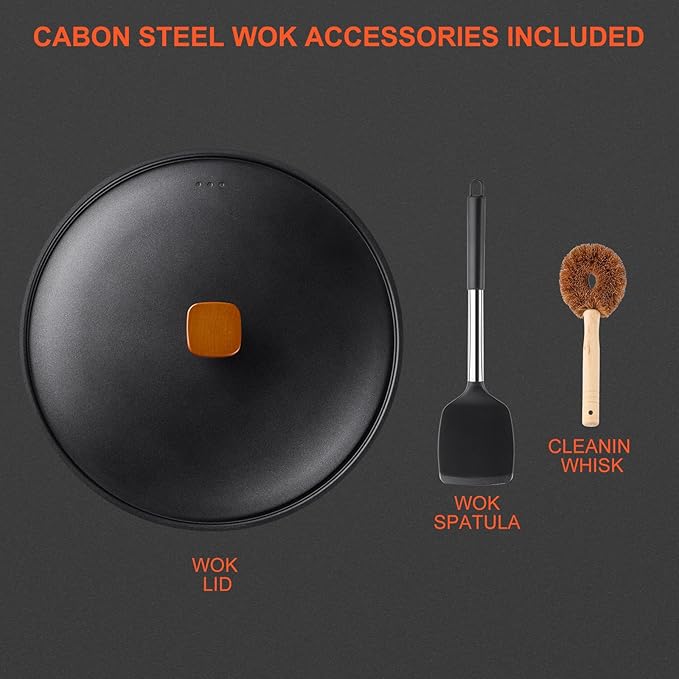 Carbon Steel Wok Pan - 13" Woks & Stir-Fry Pans Nonstick with Spatula: Flat Bottom Wok for Electric, Induction and Gas Stoves