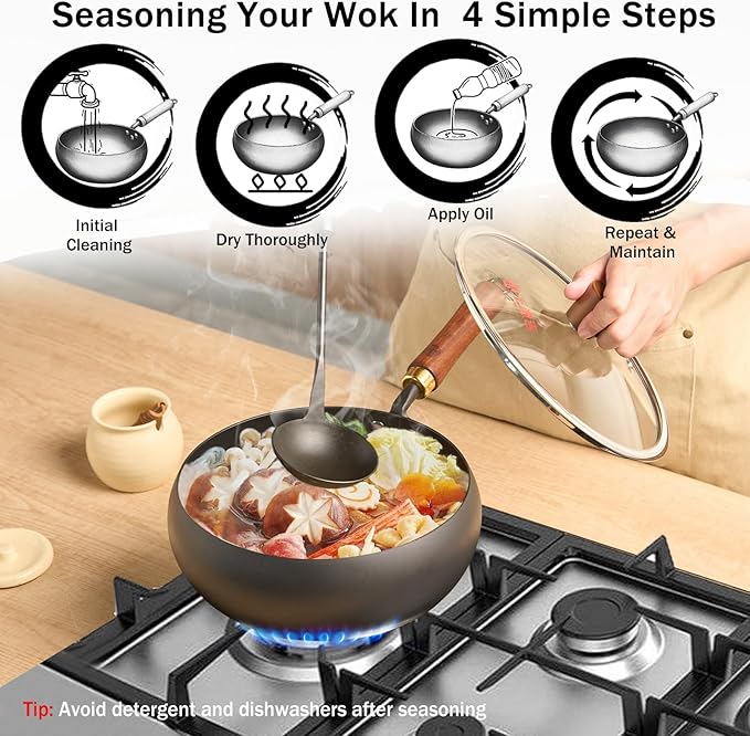 WANGYUANJI 9.5-Inch Iron Wok Pan with Lid & Spatula, Deep Flat-Bottom Stir Fry, Uncoated & Unseasoned, Induction Compatible, Upgraded Wooden Handle