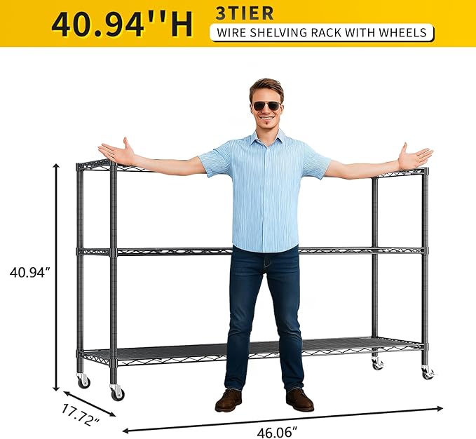 Karl home 3-Tier Adjustable Metal Storage Shelves, Wire Shelving Unit with Wheels & Leveling Feet, Heavy Duty Garage Shelving, Pantry & Kitchen Display Shelf Organizer, Home Storage Rack