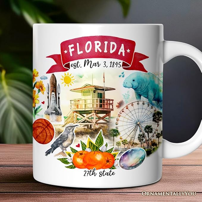 OrnamentallyYou State Travel Landmark Mugs – 12 oz Ceramic Coffee Cups, U.S. Souvenir Gift for Tourists (Artistic Florida State Themes and Landmarks Mug)