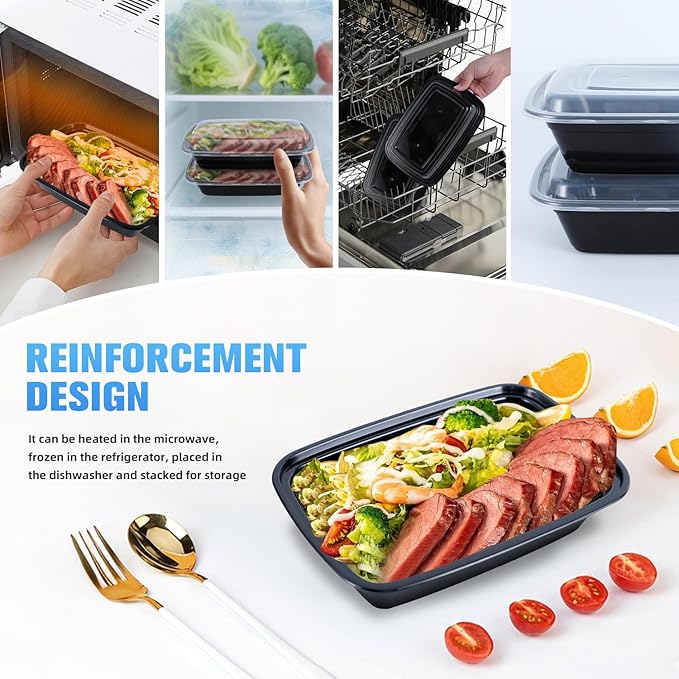 50 Pack (100-Piece) 38oz Meal Prep Containers Black Rectangle,Reusable and Sturdy, Leakproof Food Safe Design, Disposable Takeout Lunch Boxes, BPA-Free, Freezer and Dishwasher Safe