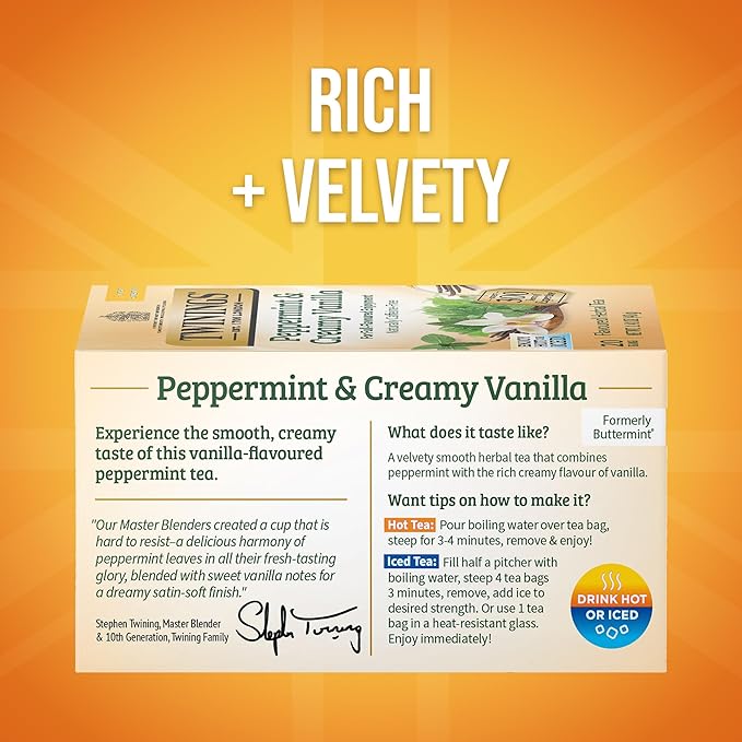 Twinings Peppermint & Creamy Vanilla Tea - A Crisp, Balanced Herbal Tea, Formerly Buttermint, Naturally Caffeine-Free Tea Bags, Individually Wrapped, 20 Count