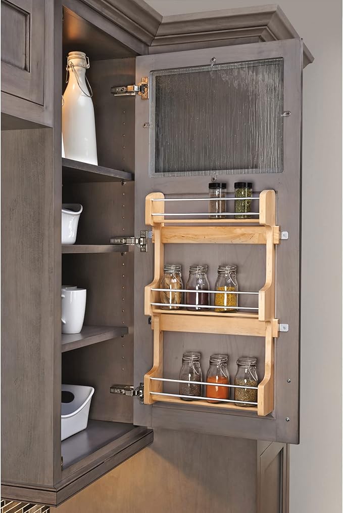 Rev-A-Shelf 18" 3 Tiered Pull Out Shelf Organizer for Kitchen Cabinets, Pantry Storage Spice Seasoning Rack, Door/Wall Mounted, Maple Wood, 4SR-18