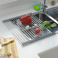 CHIRISEN Expandable Large Roll Up Dish Drying Rack, 18 Tubes 21.25x12.79'' Collapsible Over The Sink Rack, Non-Slip Silicone Rolling Dish Drainer Stainless Steel Rack for Kitchen Sink Counter (Gray)