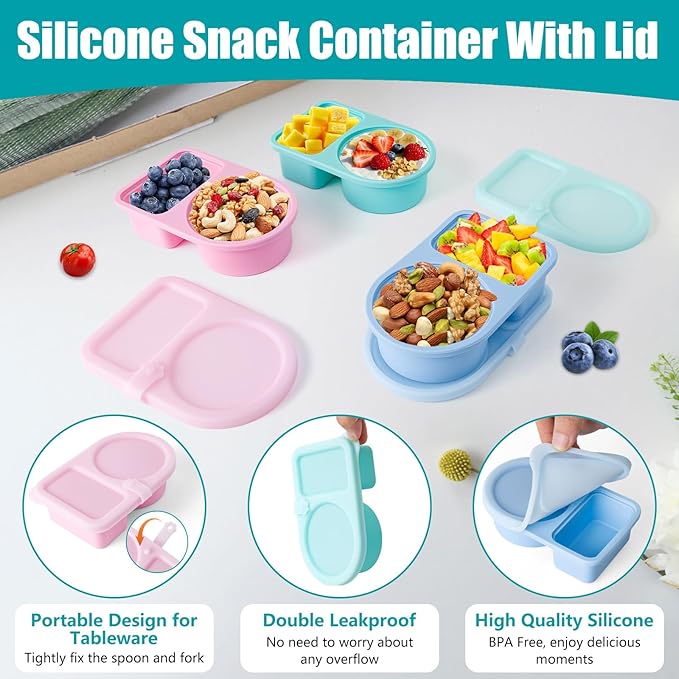 3 Pack Reusable Silicone Snack Containers with Lids, 8.5 OZ Double Compartment Snackle Box for Kids, Leakproof Small Snack Packs Container for Salad Dressing, School, Office, Travel, Picnic
