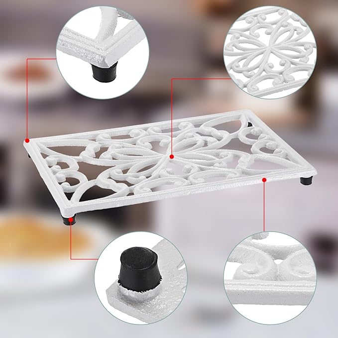Sumnacon Rectangle 10 x 6.1 Inch Cast Iron Trivet - Rustic Heat Resistant Metal Trivet for Hot Dish Pot Pan Teapot, Vintage Sturdy Hot Plate Pad for Kitchen Dining Countertop Table,White