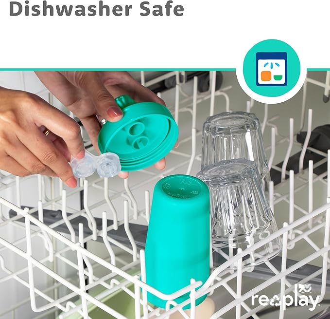 Re-Play Spill-Proof Sippy Cups - Reusable 10 Oz Set of 4, Dishwasher & Microwave Safe, Made in USA, Modern Green