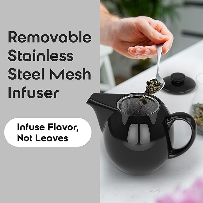 OmniWare 24 Oz Stoneware Teapot with Stainless Steel Mesh Infuser (Black) - Microwave & Dishwasher Safe, Removable Infuser, Retro-Style Kitchenware Ideal for Loose Tea Brewing