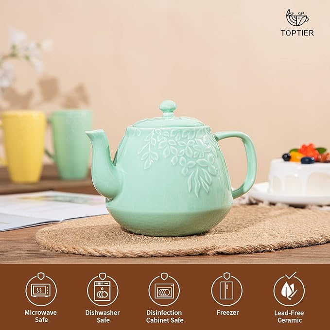 Toptier Leaf Teapot, Porcelain Tea Pot with Infuser and Lid, Blooming & Loose Leaf Ceramic Teapot, 37 Ounce, Light Green