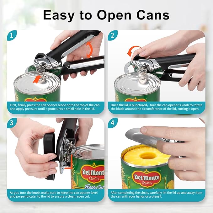 Ultrean Manual Bottle Opener Can Opener, Heavy-Duty Stainless Steel Manual Handheld Can Opener with Smooth Edge, Ergonomic Thick Handle, Rust Proof, Oversized Easy Turn Knob-Black