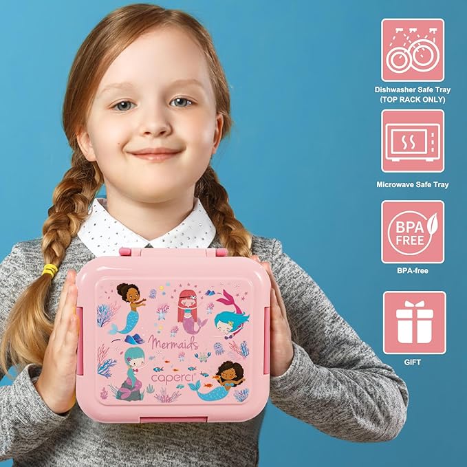 Caperci Bento Box for Kids - Leak-Proof Lunch Box Snack Container with 2 Modular Containers & 4 Compartments, Hold 4.8 Cups, Portable Handle, BPA-Free, Microwave/Dishwasher Safe (Mermaid)