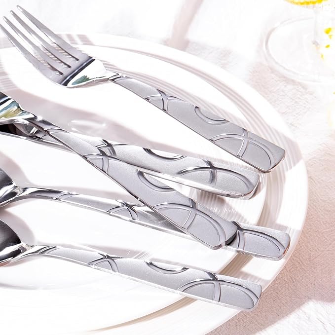 HIKAA 60PCS Stainless Steel Silverware Set, Modern Flatware Set for Kitchen, Mirror Polished Cutlery Set with Forks, Spoons and Knives，Dishwasher Safe