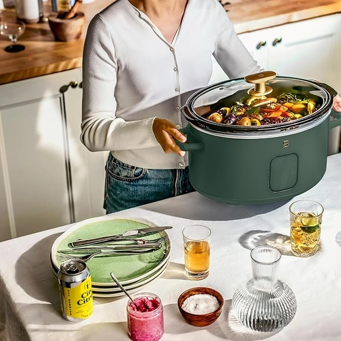 Beautiful 6 Qt Programmable Slow Cooker by Drew Barrymore - 5 Preset Cooking Functions, Digital Countdown Timer, Dishwasher-Safe Parts, and Cool-Touch Handles (Thyme Green)