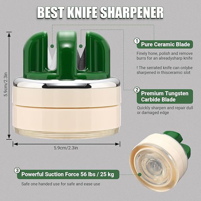 Knife Sharpener | Multi-Angle Pocket & Kitchen Knife Sharpener w/Suction Base | Works with a wide range of knives | Includes Instruction Guide(green)