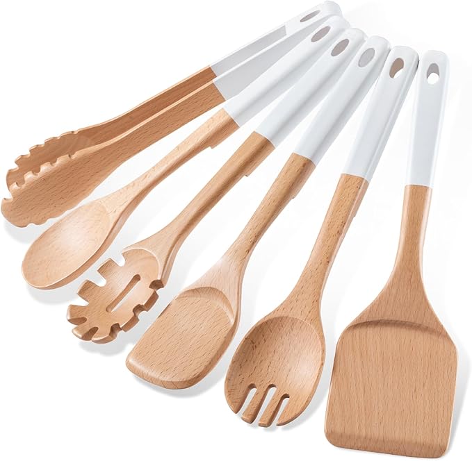 Wooden Spoons For Cooking, 6 PCS Natural Beech Wooden Cooking Utensils, Smooth Grip Wood Cooking Spoons with Hanging Hole, Non-Stick Wooden Utensil Set for Kitchen Essentials, White