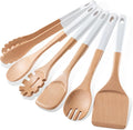 Wooden Spoons For Cooking, 6 PCS Natural Beech Wooden Cooking Utensils, Smooth Grip Wood Cooking Spoons with Hanging Hole, Non-Stick Wooden Utensil Set for Kitchen Essentials, White