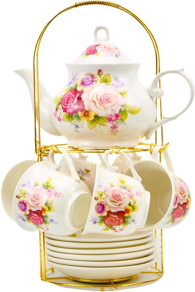 20-Pieces Porcelain Bone china Tea Sets,Gold Rim Coffee Set with Golden Metal Rack,Tea Gift Sets for Home&Party (008)