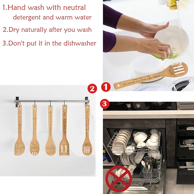 5PCS Fox Wooden Cooking Spoons Set Fox Gifts for Women Kitchen Decor Bamboo Cooking Utensil Spoons for Housewarming Wedding Anniversary Thanksgiving Christmas Gifts Mom Women
