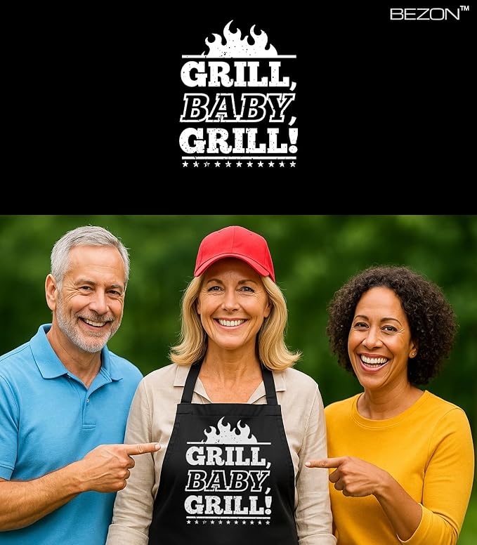 BEZON Funny Barbeque Apron for Men – Beer Can Gift Packaging – Hilarious BBQ Gift for Dad, Husband, or Friend – Heavy-Duty Water-Resistant Canvas – Grill, Baby, Grill!