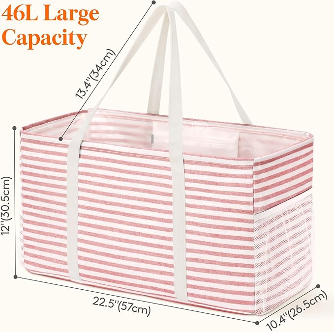 Lifewit Extra Large Tote Bag, Reusable Grocery Bags with Metal Wire Frame and Handles, Standing Utility Foldable Shopping Bags for Storage, Picnics, Beach, Pool, Laundry, Car, Camping, 2 Pack 46L Pink