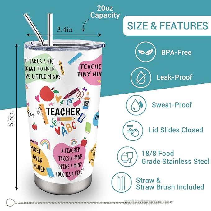 Christmas Teacher Gifts for Women - Xmas Teacher Appreciation Gifts - Birthday Gift for Teachers - Best Teachers Retirement Gift from Student Tumbler with Straw and Lid 20oz