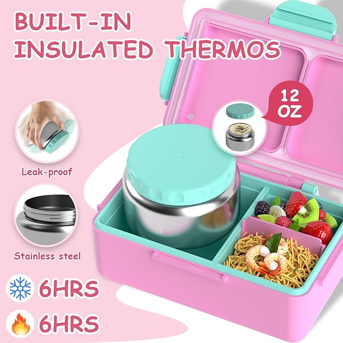 Kids Bento Lunch Box – 12 oz Stainless‑Steel Soup Thermo & 3‑Compartment Leak‑Proof Food Container with Built‑In Ice Pack, Insulated Food Jar for Boys & Girls, School & Travel