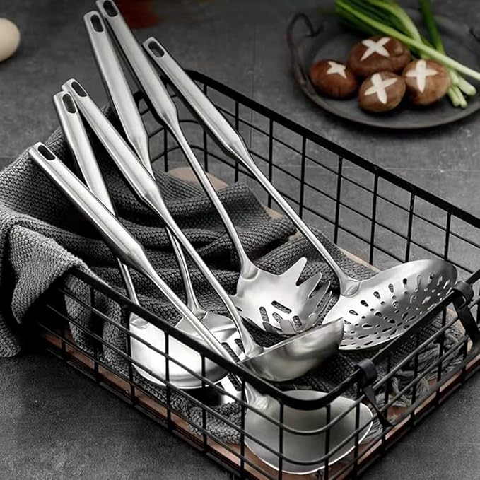 304 18/10 Stainless Steel Kitchen Utensils Set 9 Pack Long Cooking Utensil, Spatula, Soup spoon, Leaking shovel, Ladle, Tunner, Pasta Server, Meat Fork Kitchen Tools Set