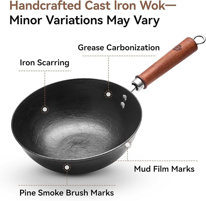 WANGYUANJI 9.5 Inch Cast Iron Wok with Glass Lid – Small Flat Bottom Stir Fry Pan with Wooden Handle, Non-Coated Cookware for Gas & Open Flame
