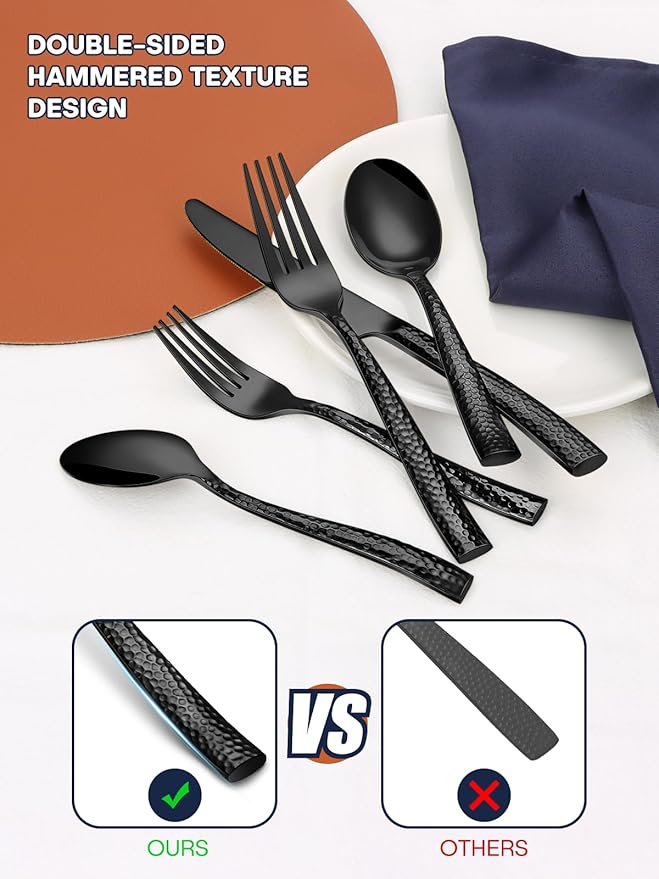 Stapava 40 Pcs Black Hammered Silverware Set, Stainless Steel Flatware Set for 8, Mirror Polished Cutlery Include Forks Spoons and Knives set for Home Hotel, Dishwasher Safe Utensils